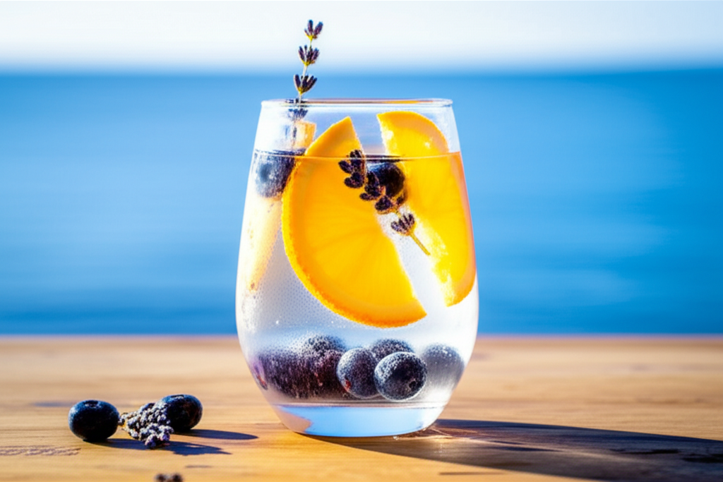 Água detox de laranja, mirtilo e lavanda